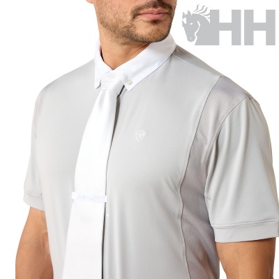 Camisola de equitação cinza com colarinho branco e gravata branca com prendendor ARIAT