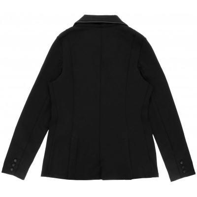 Blazer preto feminino, tecido liso, visto de costas