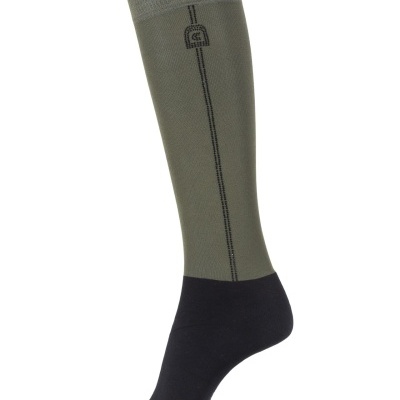 Meia comprida verde-oliva e preta com linha vertical e símbolo no topo