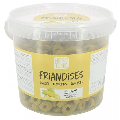 Frasco plástico com snacks circulares amarelos sabor milho da marca HIPPO TONIC.