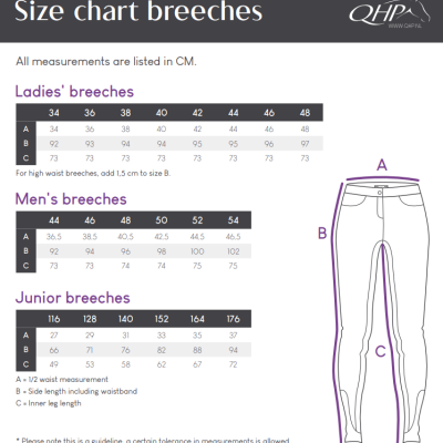 Tabela de tamanhos de calças QHP para senhora, homem e júnior com medidas em centímetros e diagrama das medidas A, B e C.