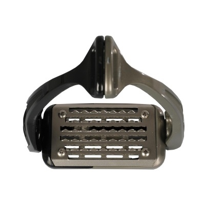 Depiladora elétrica com cabeça metálica e suporte plástico preto e cinzento