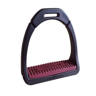 Estribo para cavalo em plástico preto com apoio de borracha vermelha antiderrapante