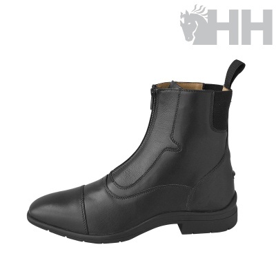 Botas pretas de couro com fecho de correr frontal e aba elástica