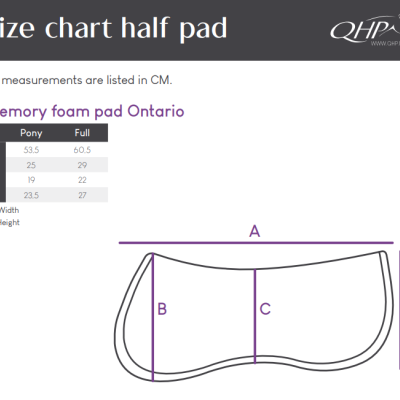Tabela de tamanhos para half pad de espuma memória Ontario com medidas em cm para Pony e Full e esquema do half pad