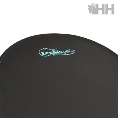 Base oval preta de gel com texto Lexhis gel Extra Confort