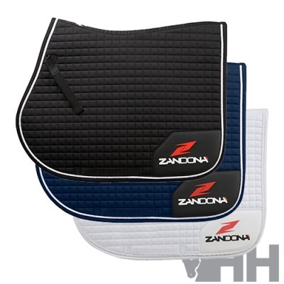 Três mantas para cavalo acolchoadas de cores preto, azul e branco com logotipo ZANDONA.