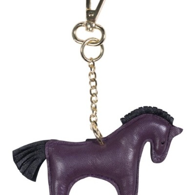 Porta-chaves em forma de cavalo roxo com crina e cauda pretas e corrente dourada