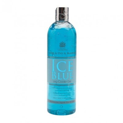 Frasco azul de gel para cuidados equinos com tampa prateada e texto ICE BLUE