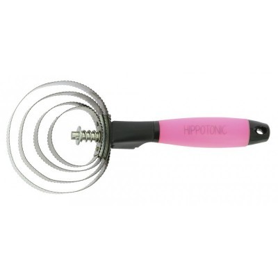 Escova de cavalo de metal com alças plásticas rosa e preta com texto HIPPOTONIC