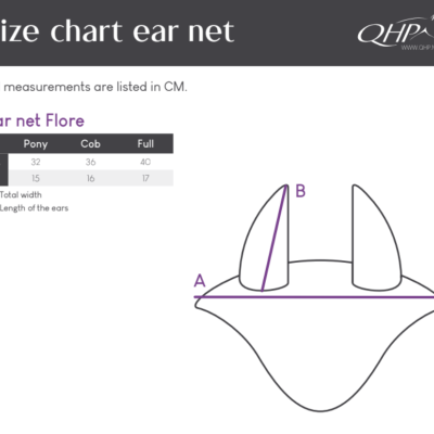 Gráfico de tamanhos para rede de orelhas com medidas em centímetros e desenho ilustrativo.