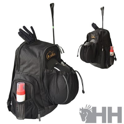 Mochila preta Lechis com bolsos, suporte para taco de golfe e frasco, vista frontal e lateral