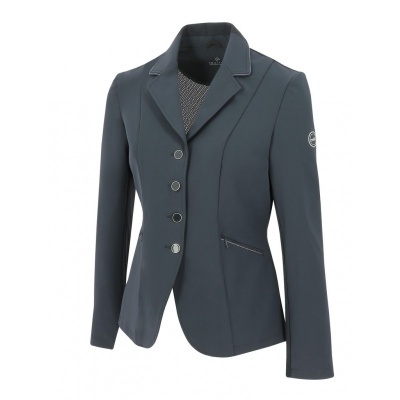 Blazer cinza escuro feminino com botões e bolso com fecho