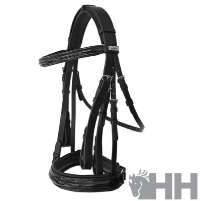 Cabeçada preta para cavalo em couro com acolchoado e fivelas metálicas