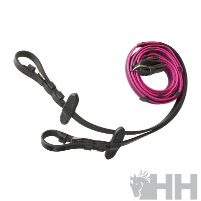 Guiador para cavalo em couro preto com corda rosa e preta enrolada