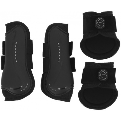 Conjunto de proteções pretas para cavalos com fechos e detalhes refletivos
