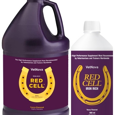 Dois frascos do suplemento VetNova Red Cell Iron Rich roxo e branco