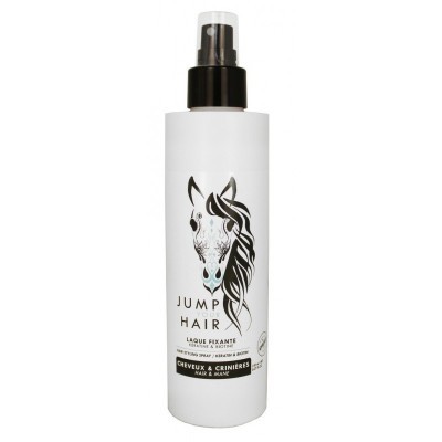 Frasco branco de spray para cabelo com ilustração de cavalo e texto em francês e inglês