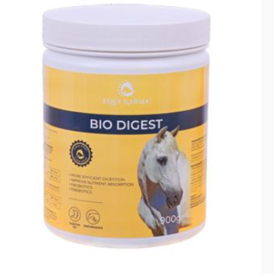 frasco de suplemento BIO DIGEST para cavalos, rótulo amarelo e azul com imagem de cavalo