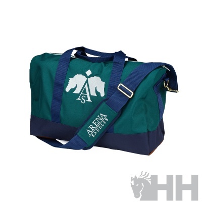 Mala desportiva verde com base azul e logótipos brancos e azuis