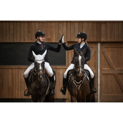 Dois cavaleiros em cavalos castanhos escuros num ambiente de madeira dão toque de mão.