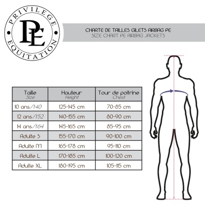 Tabela de tamanhos para coletes airbag PE Privilege Equitation com medidas de altura e peito.