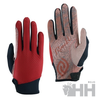 Luvas de equitação vermelhas e castanhas com detalhes pretos