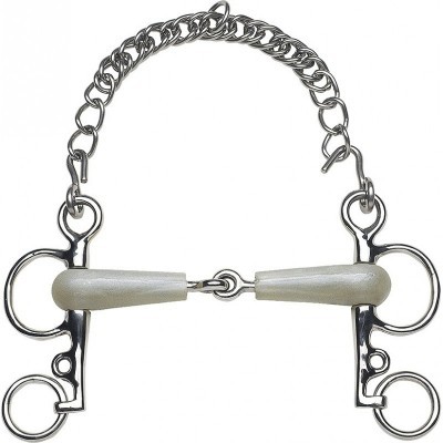 Freio de embocadura metálico com peças brancas e corrente