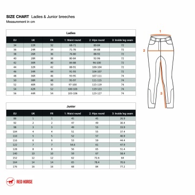 Tabela de tamanhos para alças de senhora e júnior com medidas em cm e esquema de medição do corpo.