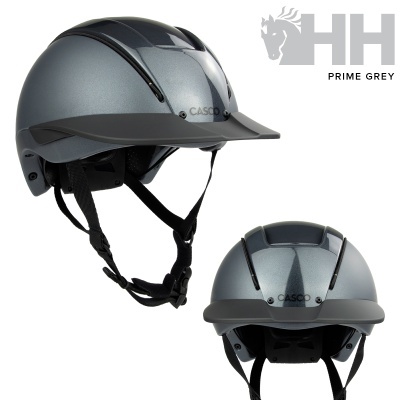 Capacete de equitação cinzento metálico com viseira preta e tiras de ajuste pretas