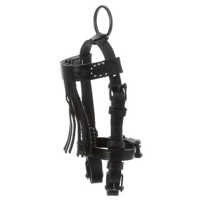 Cabeçada preta de couro para cavalo com franjas e fivelas