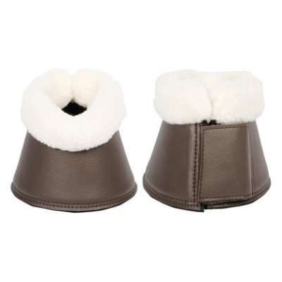 Protções de pele castanha com interior branco felpudo