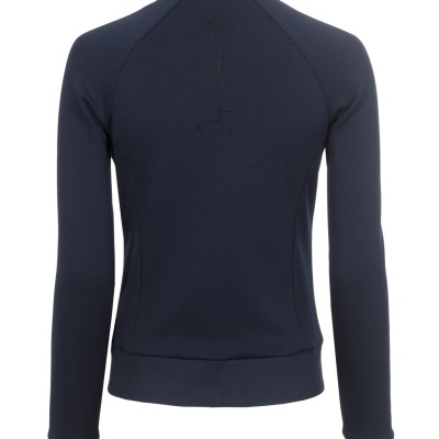 Casaco desportivo azul escuro com gola alta e riscas nas mangas