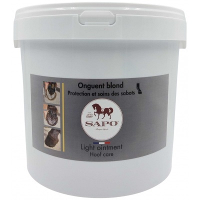 Frasco branco para cuidado de cascos de cavalo com etiqueta cinzenta da marca SAPO