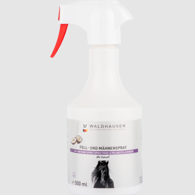 Frasco branco de spray para cuidados com cavalo, com mecanismo de gatilho vermelho e branco, etiqueta com imagem de cavalo preto
