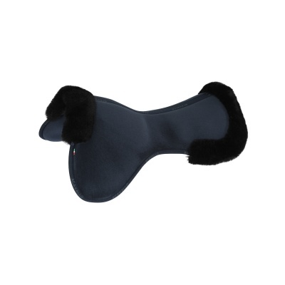 Protetor anatómico de sela para cavalo azul escuro com acabamento em pêlo preto nas extremidades