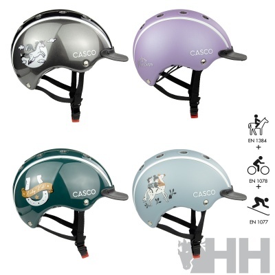 Quatro capacetes Casco coloridos para equitação ou ciclismo com desenhos e cintas pretas