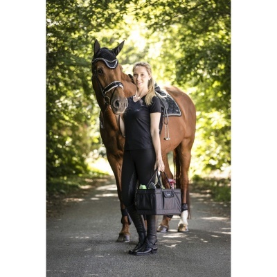 Mulher com cavalo equipado para equitação numa estrada cercada por árvores