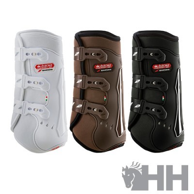Três proteções para cavalos KICCO em branco, castanho e preto com cintas ajustáveis
