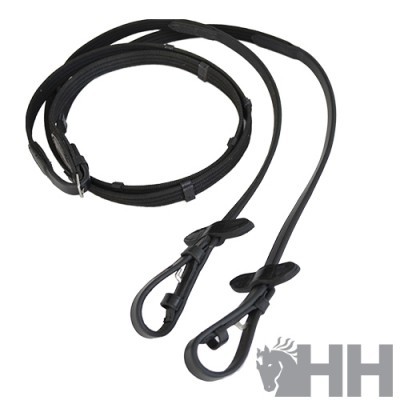 Rédeas pretas de nylon com fivelas e ganchos, sobre fundo branco com logótipo HH