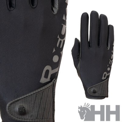 Luvas pretas com fecho ajustável e logo ROECKL em cinza