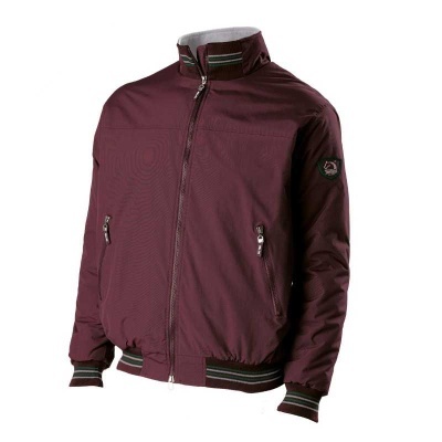 Casaco tipo bomber bordeaux com fecho de correr e riscas nos punhos e gola