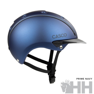 Capacete azul metálico fosco para equitação com tiras pretas ajustáveis e logotipo CASCO