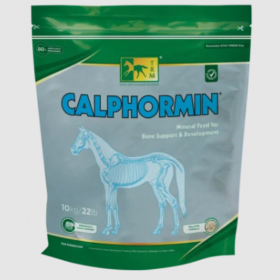 Embalagem Calphormin suplemento mineral para cavalos com desenho de esqueleto de cavalo