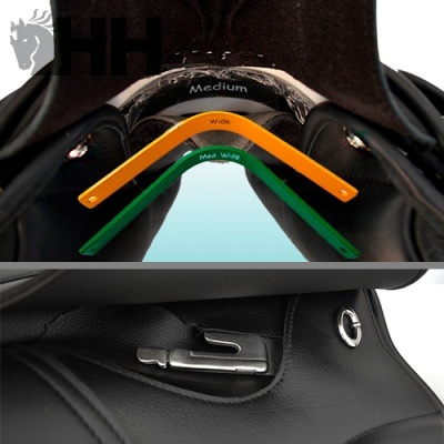 Peças para sela de equitação com texto Medium, Wide e Med. Wide e detalhes em pele preta com fivela metálica