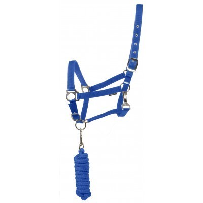 Cabeçada de cavalo azul com corda azul