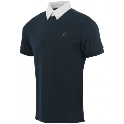 Polo masculino azul escuro com gola branca e logótipo branco no peito