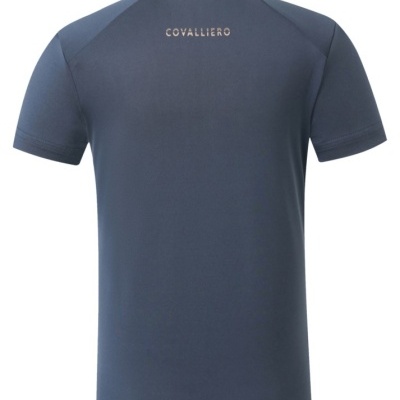 Camiseta polo azul escuro com texto COVALLIERO nas costas