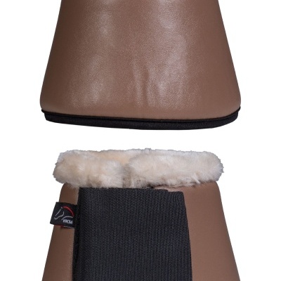 Protetores para patas de cavalo castanhos com pelo branco e fecho de velcro preto