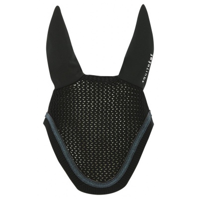 Protetor de orelhas para cavalo preto com detalhes cinzentos e palavra ROUTHILL branca